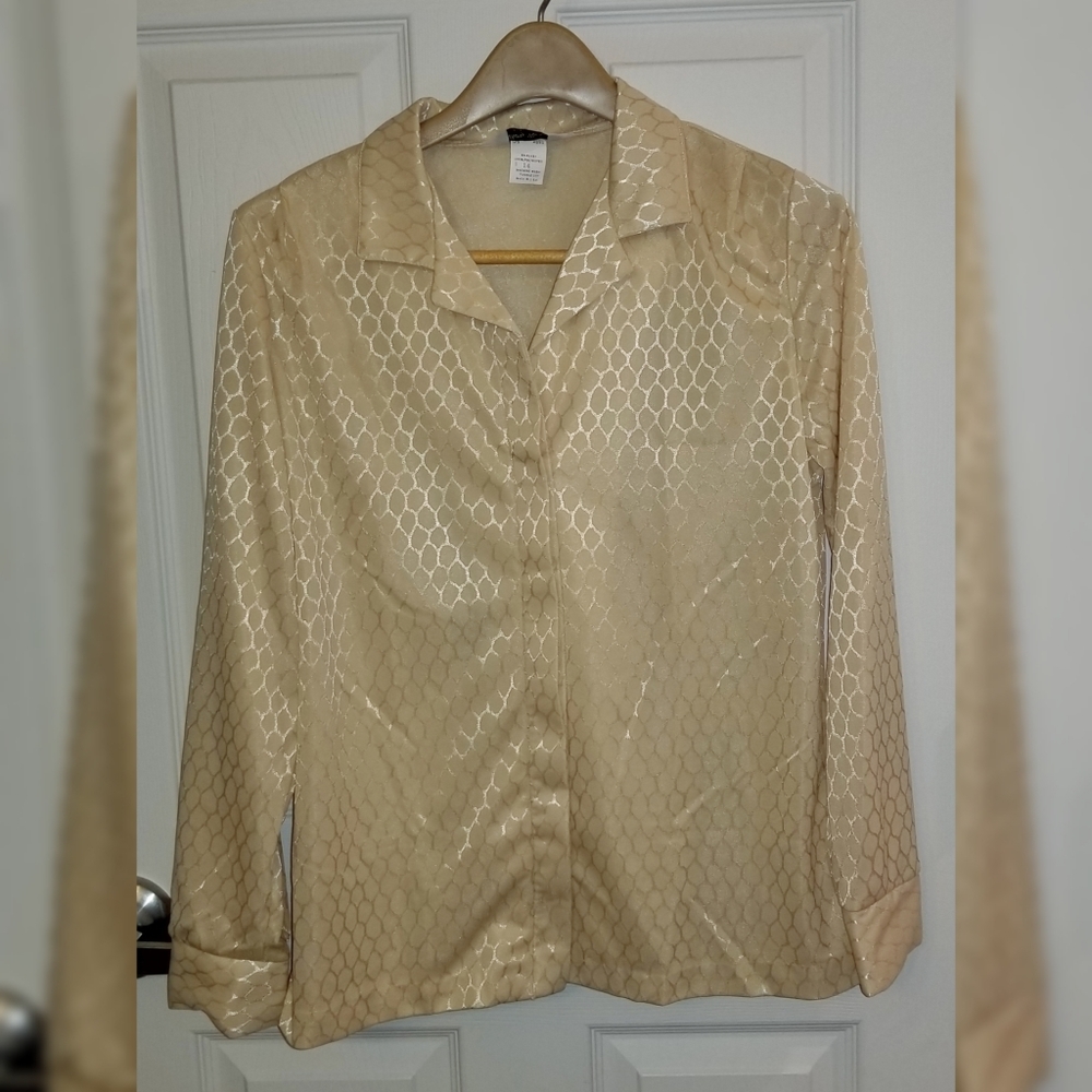 True Vintage Anthony Richards Button Up Shirt Silky Polyester Champaign Gold